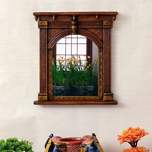 CRAFT TREE Wooden MDF Handcarved Wall Hanging Decorative Square Mirror Frame | Copper Color Showpiece for Living Room & Home Decor | Size: L16 x B3 x H17 Inches | Mirror Size: L9 x H12 Inches