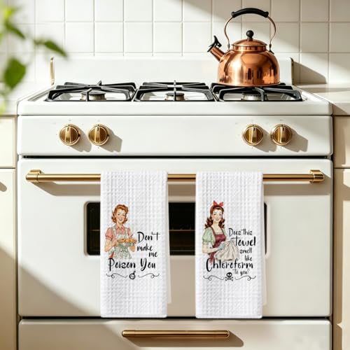 Image of 2 Pcs Funny Kitchen Towels 24x14 Inch, Housewife Reusable Microfiber Dish Cloth Hand Towel, Waffle Weave Tea Towels for Bathroom kitchen Farmhouse Decor, Hostess Gifts for Women Mom Friend