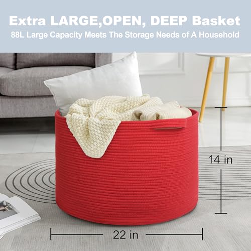 Image of MEGASKET Extra Large Red Basket for Organizing, 22 inch X 22 inch X 14 inch Woven Cotton Rope Bins for Blankets, Baby Nursery Wicker Laundry Basket, Kids Dog Toy Storage Box, Big Red Living Room Decor Organizer