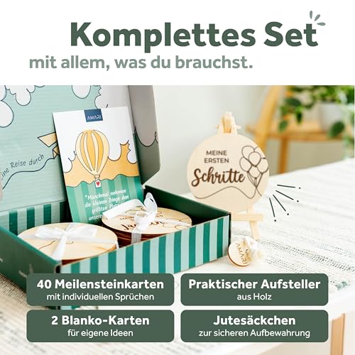 AMARI ® Meilensteinkarten Baby aus Holz (42 Stück) - Baby Geschenk zur Geburt - Babyparty Deko, Babygeschenk Junge Mädchen, Babygeschenke, Geschenk Geburt Neugeborene Babyshower