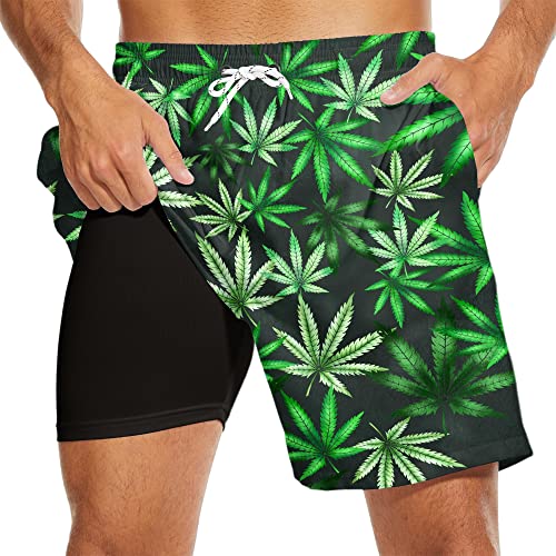 Hawaiian Swim Trunks with Compression Liner Lightweight Beach Board Shorts Soft Tropical Swim Suits for Men
