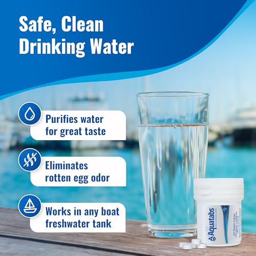 aquatabs water purification tablets for drinking - 100 tablets  2 chlorine test strips - water purifier starter kit - for boat and rv tanks - by aquamarine water solutions