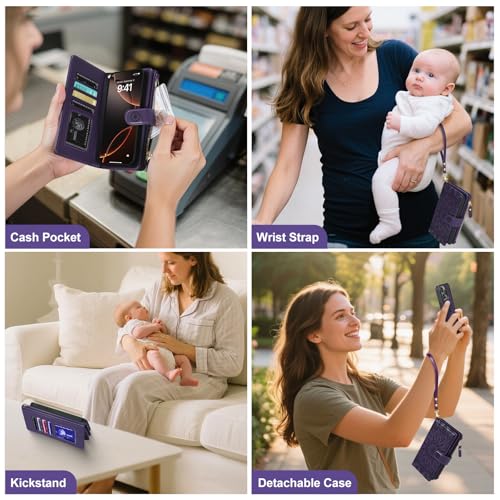 Harryshell 2 in 1 for iPhone 16e 17e Wallet Case Magnetic Compatible with Magsafe RFID Blocking Card Holder Detachable Phone Cover Zipper Purse Kickstand Wrist Strap for Men Women Floral Purple - image 5