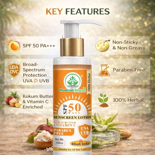 Image of Khadi Sunscreen Lotion SPF 50 with Kokum Butter & Vitamin C | Broad Spectrum UVA & UVB Protection | Herbal Sunblock for Face & Body | Non-Greasy & Lightweight Formula