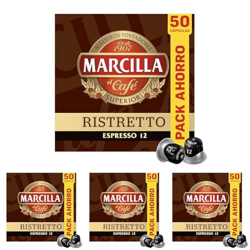 Marcilla Cápsulas de Café Ristretto | Intensidad 12 | 50 Cápsulas Compatibles Nespresso (Paquete de 4)