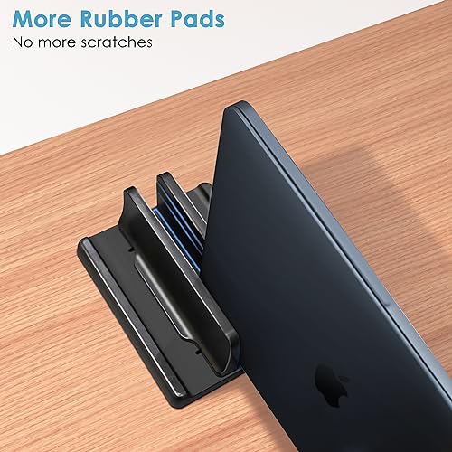 JIMEJV Vertical Laptop Stand [New Version: Two More Rubber Pads & Hex Key Storable Design] ABS Plastic Adjustable Dock up to 15 inch PC Desk Space Saver for MacBook/Surface/iPad/Mini PC (Black)