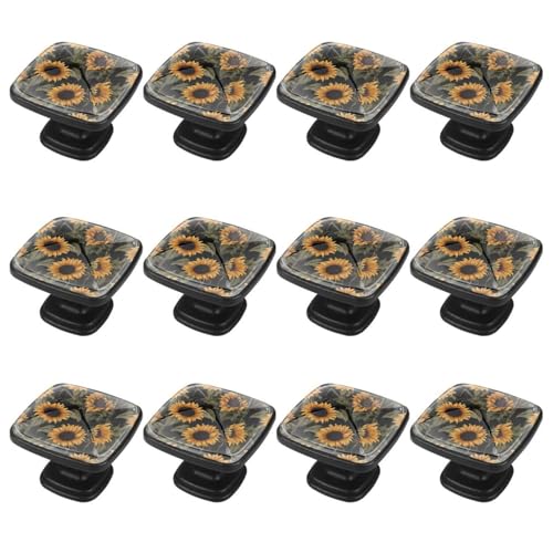 IROLSKDNFH 12 Pieces Sunflowers Flowers Glass Knobs for Dresser Drawers, 1.37 x 1.10 in Square Kitchen Cabinet Pulls for Home Office Nursery Kids Room
