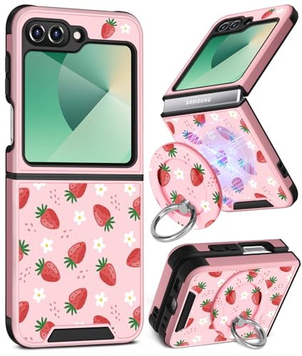 Buleens for Samsung Galaxy Z Flip 6 Case - with Ring Stand & Camera Cover Aesthetic Cute Designed for Women Girls Pretty Girly Kawaii Strawberry for Galaxy Z Flip 6 Phone Case Compatible with Magsafe