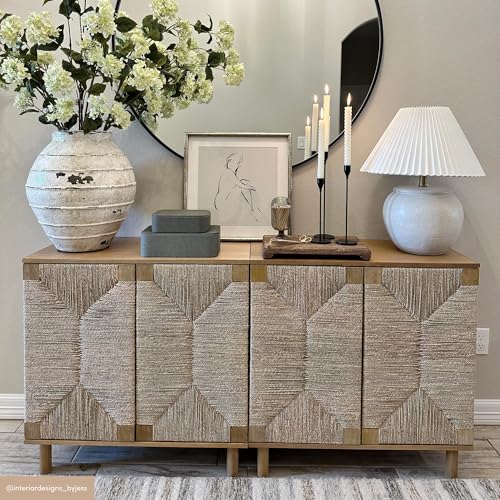 Image of Nathan James Beacon Accent Natural Sideboard Storage Cabinet TV Stand in Light Wood with Adjustable Interior Shelf and Seagrass Doors, for Hallway, Entryway or Dining Room, Light Brown, Set of 3