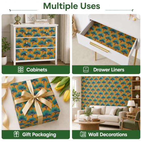Image of Mustard Yellow & Teal Japanese Tree Peel and Stick Wallpaper - Modern Botanical Self Adhesive Wallpaper Roll for Living Room, Bedroom, Dining Room, Office, Cabinet