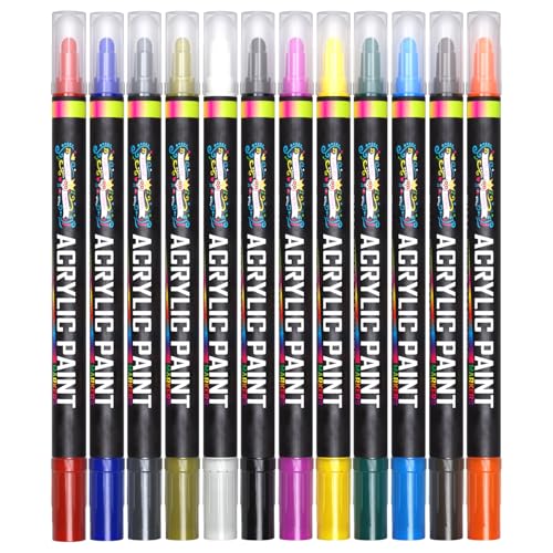 Acrylic Paint Markers Dual Tip (12 Pack) - Acrylic Markers Paint Pens for Rocks - Bold Acrylic Paint Pens Fine Tip and Dot Tip - Fabric Makers Permanent for Clothes Water Based Markers - Chalky Crown