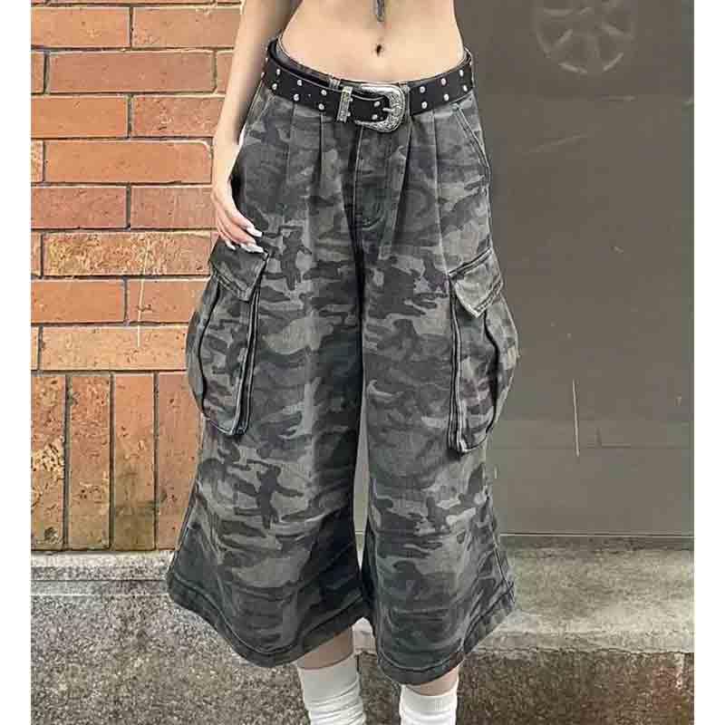 BXCNCKD Women's high Waist Slimming Camouflage Loose Wide Leg Pants Street Trend Seven Quarter Jeans Cargo Pants3