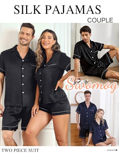 SWOMOG Couples Pajamas Women &Men Silky Satin Sleepwear Short Sleeve Button Down Pj Set Loungewear4