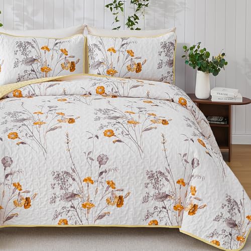 WONGS BEDDING Yellow Floral Quilt Set King 3P Microfiber