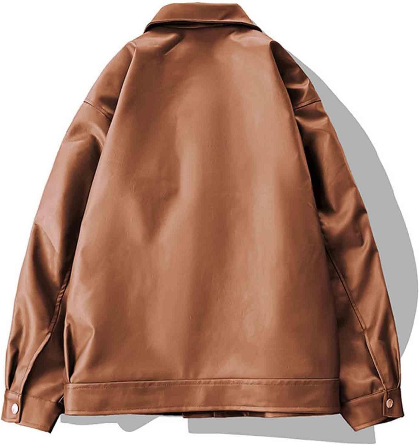 Mens Leather Jacket Faux Bomber Jacket Windproof Warm Punk Motorcycle Coat Lapel Zip Up Button Down Pocket Biker Coat