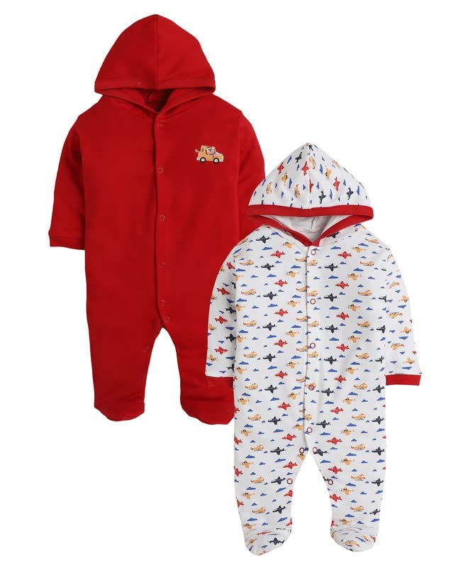 Baby Front Open Full Sleeves Sleepsuit Hooded with Foot Easy Dressing and Diapering Romper Set of 2