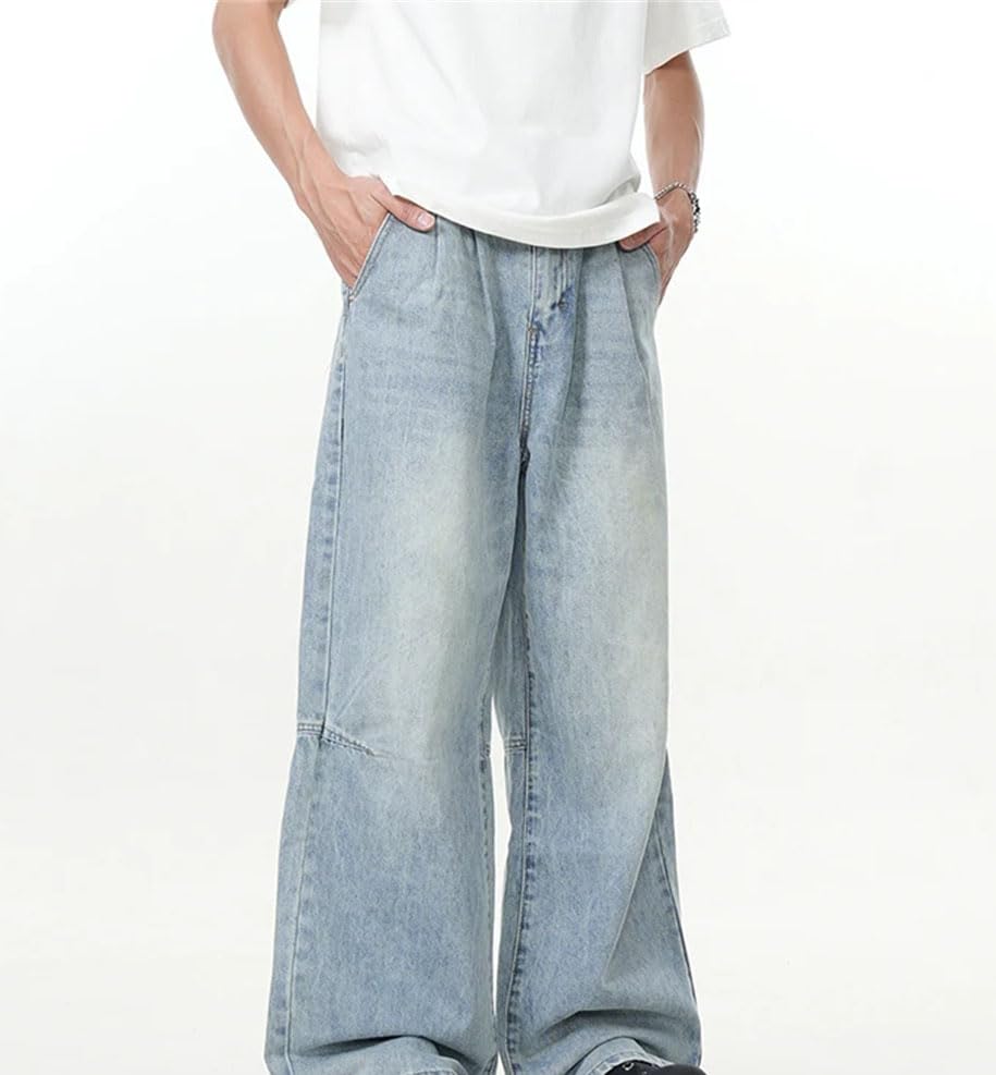 Men’S Straight Loose Fit Denim Jeans with Zipper Fly Mid Waist Light Wash Casual Wide Leg Pants with Pockets3