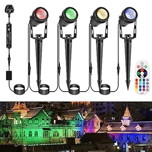 GreenClick Garden Spot Lights, Color Changing Garden Lights Mains Powered Waterproof, RGB Outdoor Spotlight Plug-in Outside Lights, 12V Timer Memory Remote for Wall Yard Landscape Christmas, 4 Pack