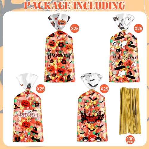 100 Pcs Halloween Treat Bags Happy Halloweens Goodie Bag Plastic Halloween Pumpkin Celloph - image 4