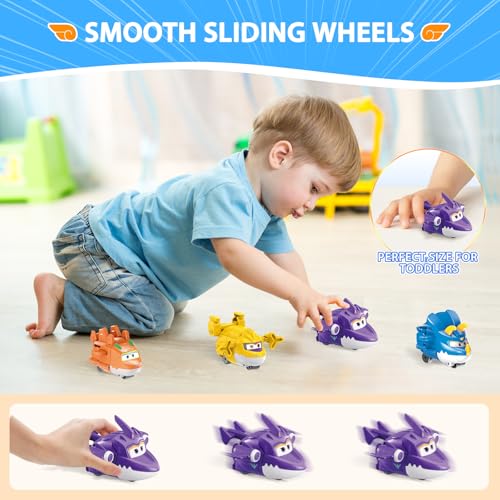 Super Wings 2" Transform-a-Bots 4-Pack, Supercharged Sally, Stego, Trico, Brachy, Airplane Toys Vehicle Mini Figures, Fun Toys for Kids, Transformable Toy for 3 4 5 Year Old Boys and Girls