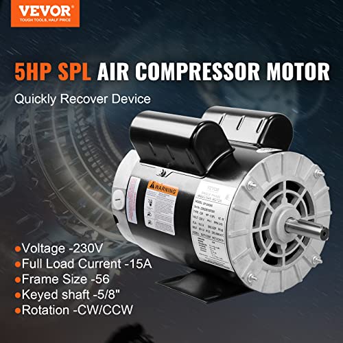 Vevor Air Compressor Electric Motor, 5 Hp Spl 3450 Rpm, 208-230 Volt 3.1 Kw Single Phase, 56 Frame 5/8" Keyed Shaft 60 Hz, Commercial-Duty Ccw Rotation, 1.88" Shaft Length Nema For Air Compressors #TOP1