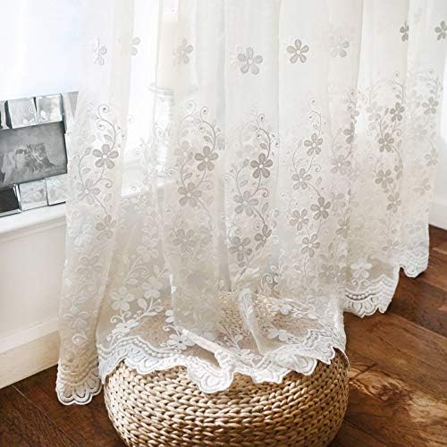 WINYY Romantic White Floral Sheer Curtain for Bedroom Kitchen Dining Room Decorative Curtain Embroidered Voile Curtain Rod Pocket Top Window Drape 1 Panel (39 Inch Wide, 63 Inch Long)