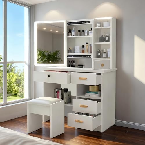Catálogo para Comprar On-line Tocador Walmart para comprar hoy. 44 TRIUMPHKEY Tocador Vanity con Espejo Corredizo Luz LED y Heces Mueble para Maquillaje Minimalista Vintage Escritorio con 4 Cajones y Estantes De Almacenaje para Recamara...