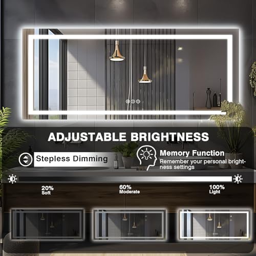 96"x36" Large LED Bathroom Mirror with Lights (Front and Backlit), Anti-Fog Lighted Mirror for Wall, Stepless Dimmable Lighted Mirror, 3 Colors Smart Mirror (Horizontal/Vertical)