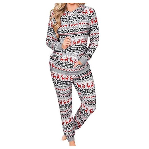 TIANKONG Dam pyjamas set vit jultryck set bekväma nattkläder långärmad ficktopp och byxor damkläder vintergåvor liten vuxen semester mjuk, M