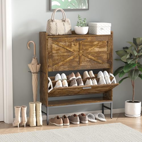 RKVPCNE Rustic Brown Shoe Cabinet with 2 Flip Drawers and 1 Boot Rack for Narrow Shoes and Closet Storage in Entryway, Foyer or Hallway