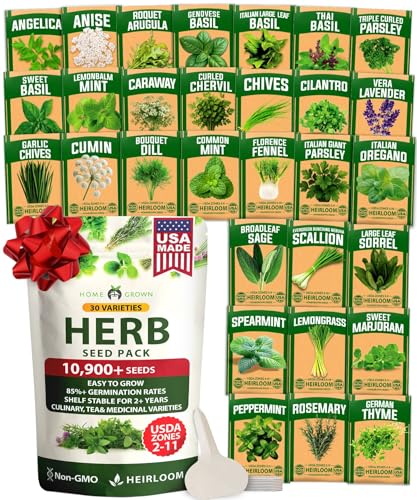 HOME GROWN 30 Herb Seeds for Planting 10,900+ Non-GMO Heirloom Seeds | Extra Large Variety Pack Herb Kit – Indoor Outdoor & Hydroponic | Culinary Seed Set | Grow Your Own Herbs | Gardening Gift