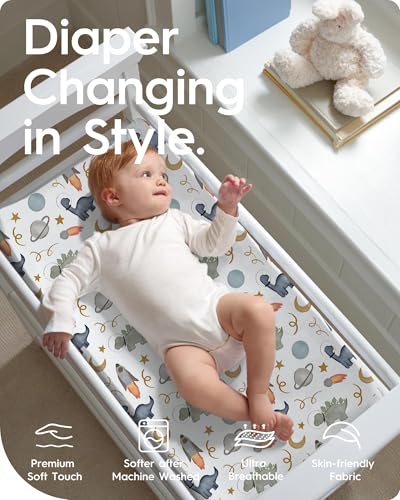 Image of Changing Pad Cover for Girls Boys, TotBasic Premium Soft Boho Changing Table Covers, Stretchy Jersey Changing Table Sheets - Fits All Standard Changing Tables - 2 Pack (Dino Space)
