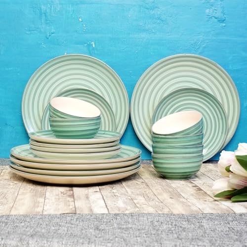 Image of Sea Swirls Design Handpainted Premium Ceramic Dinner Set 18 Pieces (6 Dinner Plates, 6 Bowls & 6 Quarter Plates) Dishwasher & Microwave Safe
