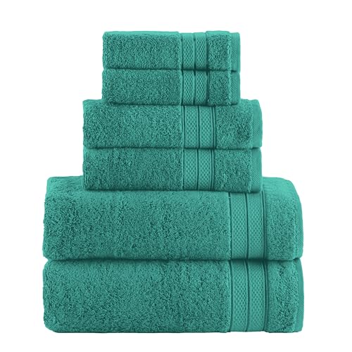 Image of Elegant Comfort Luxury 6-Piece Towel Set, Premium Soft 100% Turkish Cotton, Three Line Popcorn Design 2 Bath Towels, 2 Hand Towels and 2 Washcloths Towel Set - Quick-Drying and Absorbent, Teal Blue