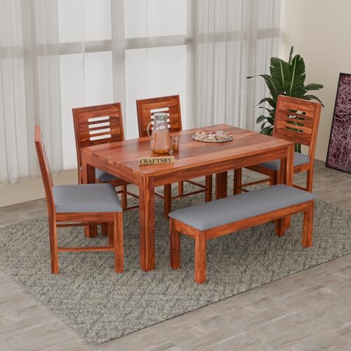 Image of 57 Inch Length Solid Sheesham Wood 6 Seater Dining Table Set | Six Seater Dinner Table with 4 Grey Cushions Chairs & 1 Bench | Dinning Table Set 6 Seater for Living Room | Honey Finish