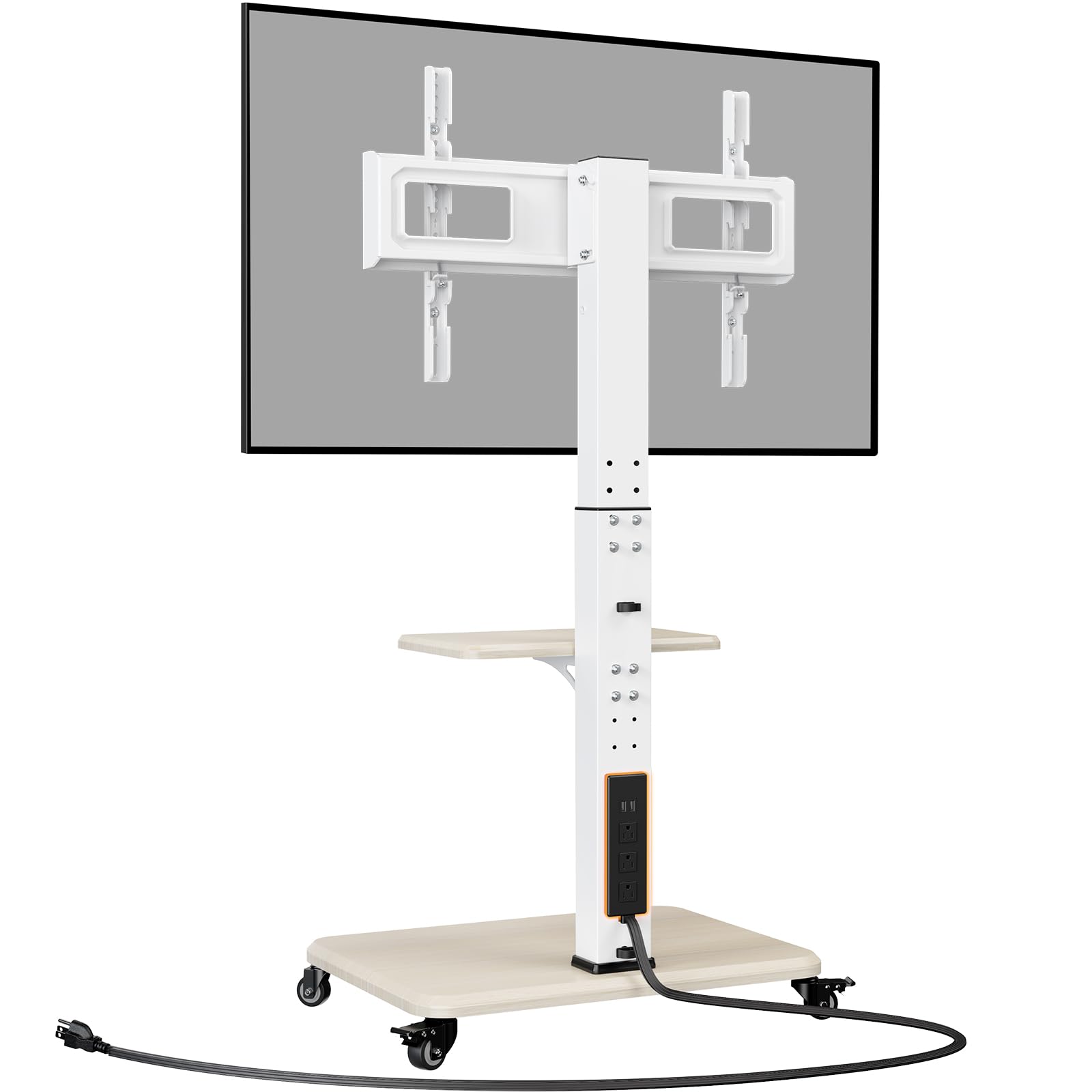 Perlegear Mobile TV Stand with Power Outlet, Tilt & Swivel Rolling TV Cart for 32-75 inches TVs up to 110 lbs, Height Adjustable Rolling TV Stand White with Wheels, Max VESA 600x400mm, PGTVMC17W