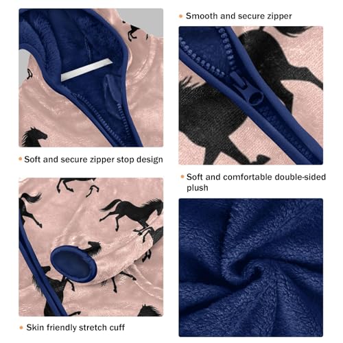Black Horses on Pink Toddler Fleece Jacket Girl Boys Hooded Fleece Jacket Coat Warm Outwear Zip-up 3-10T3