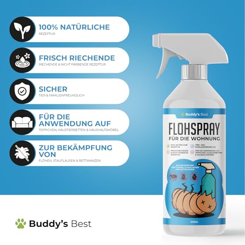 BUDDY'S Best 250ml Flohspray für Wohnung und Möbel - Flohmittel für Wohnung - Antiflohspray Wohnung - Umgebungsspray Flöhe für Flöhe Bekämpfen
