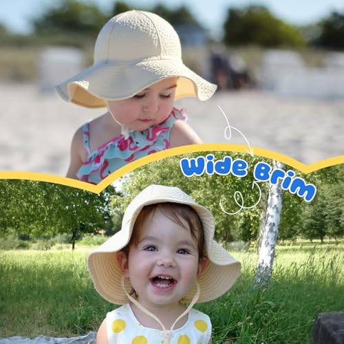 Image of HONGTEYA Baby Sun Hat Toddler Girl Beach Hat Sun Protection Adjustable Outdoor Summer Wide Brim Bucket Hat for Infant Kids