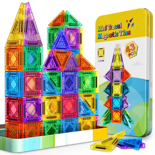 43Pcs Mini Travel Magnetic Tiles Set Toys for 2 3 4 5 6 Year Old Boys Girls Plane Activities for Kids Toddlers Learning Toys Magnetic Blocks Building Travel Toys for Kids Birthday Gift for Kids