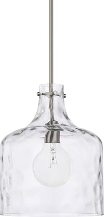 HomePlace Lighting 325717BN Crawford Urban/Industrial Clear Water Glass Jar Pendant Light, 1-Light 100 Watt, 15" H x 12" W, Brushed Nickel