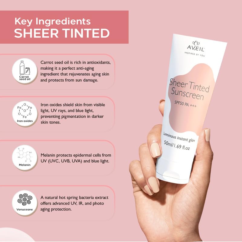 Image of AVEIL Sheer Tinted Sunscreen SPF 50 PA +++ | 50 ml | UVA, UVB & Blue Light Protection | No White Cast | For All Skin Types | Water & Sweat Resistant | Hydrating Sunscreen | Sun-Safe Skin | Pack of 1