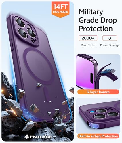 Image of FNTCASE for iPhone 14 Pro Case: [Compatible with Magsafe] Translucent Matte Cases with [Full Camera Protection] [Screen Protector] Military Grade Shockproof Protective Phone Cover - Purple