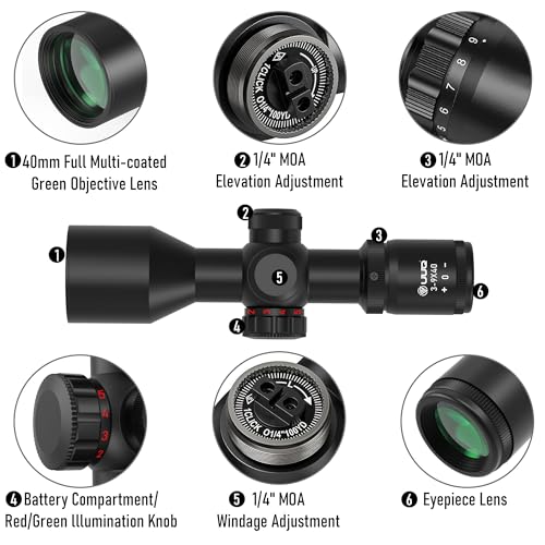 UUQ 3-9x40 Compact Rifle Scope Red/Green Illuminated Reticle, Parallax Correction & Fast Focus | Lightweight & Water-Resistant | Fits 20mm Picatinny/Weaver Rail - Image 6