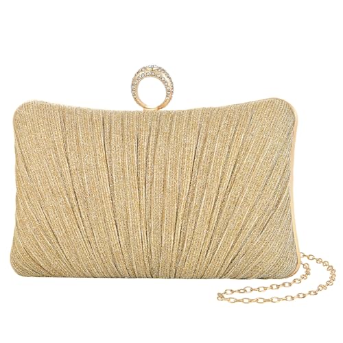 Image of Womens Golden Glitter Clutch Purse Pleated Evening Bag for Bridal Wedding Party with Rhinestone Ring