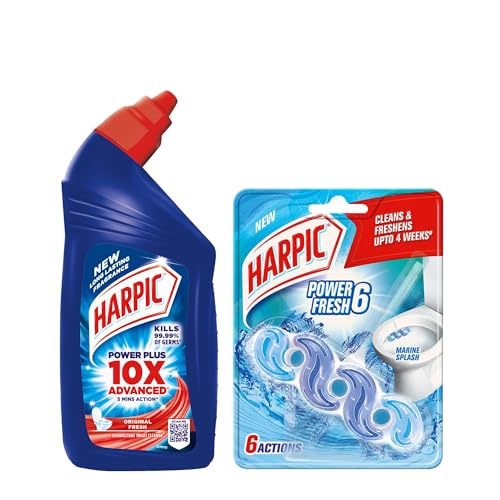 Image of Harpic Power Fresh 6 Toilet Cleaner Rim Block, Marine Splash - 35 g | Cleans & Freshens Upto 4 Weeks & Harpic Disinfectant Toilet Cleaner Liquid, Original - 500 ml | India's # 1 Toilet Cleaner