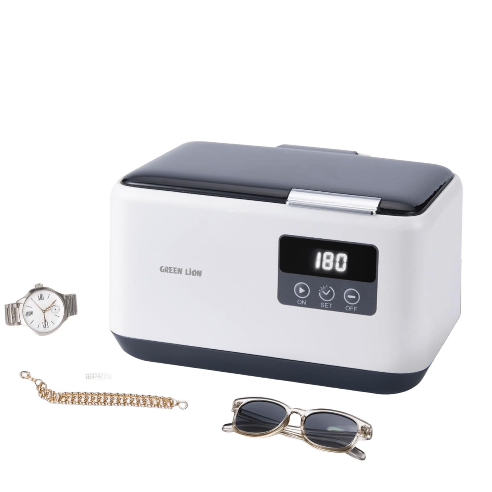 Green Lion Ultrasonic Cleaner, Low Noise, Thorough Cleaning, 5 Preset Timing, Digital Display, Inner Lighting, Cleaning Tray, Easy Operation, 43000Hz Frequency, 600ML Tank Capacity - White