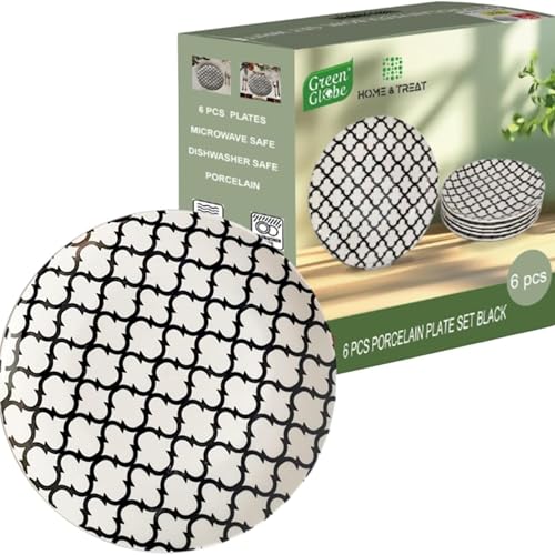 Premium Porcelain Ceramic Dinner Arabesque Pattern Plates Set of 6 10.5 Inch Scratch Resistant Dinnerware Warm Color Pasta Salad Dessert Plates for Appetizer Dishwasher & Microwave Safe (Black)