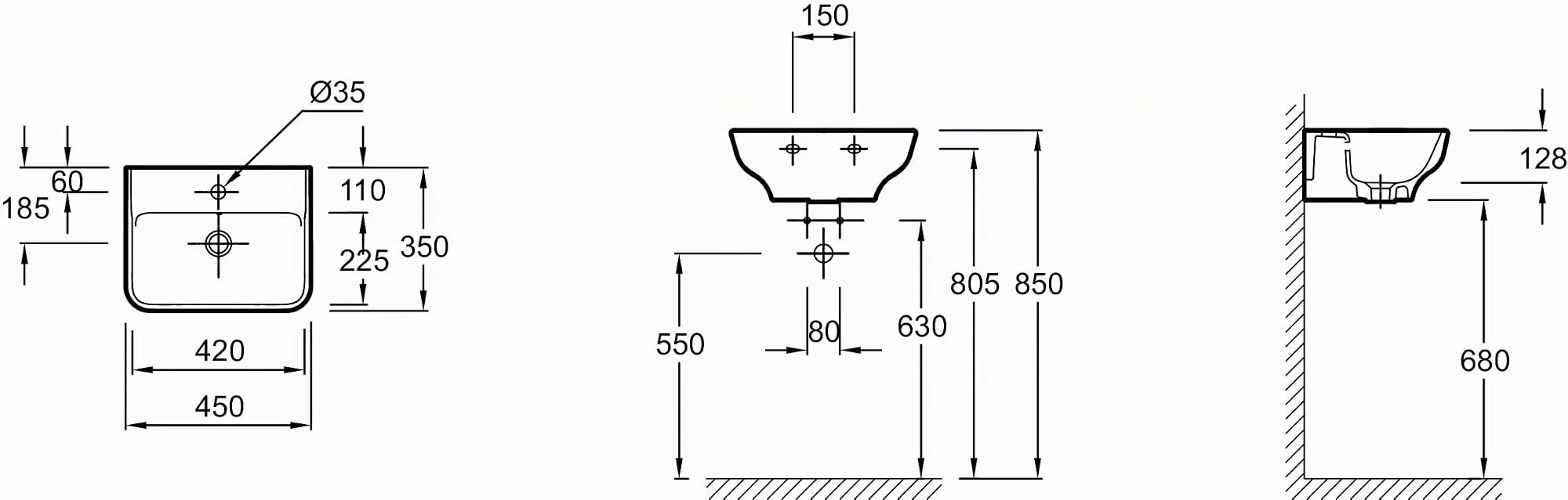 Jacob Delafon - Lave-mains Struktura 45cm, non meulé pour installation sur colonne ou suspendu - 1 trou avec trop plein - Blanc -EGH112-00