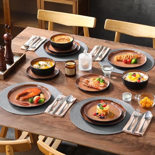 Image of vancasso Plates and Bowls Sets, 18 Pieces Stoneware Dinnerware Sets for 6, Kitchen Dish Set Mircowave and Dishwasher Safe Ceramic Dishware, Dark Brown, Series AMBER